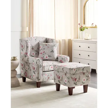 Křeslo Křeslo s podnožkou světle šedé polyesterové čalounění květinový vzor ​​ušák dřevěné nohy retro styl obývací pokoj Beliani