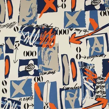 Šatovka světle béžová, modro-oranžový abstraktní vzor, š.150