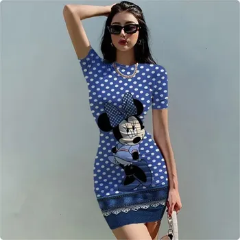 Dámské šaty Dámské přiléhavé šaty s motivem Minnie Mouse (vel. S - 5XL) Barva: modrá puntík (AKZ8BH0819), Velikost: 4XL