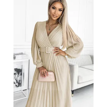 Dámské šaty Luxusní dámské šaty 414-8 s plisovanou sukní béžové barvy , VELIKOST UNI ( S, M , L )