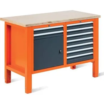 Dílenský stůl Dílenský stůl TECHNO Light, šířka 1245 mm, 9 zásuvek, 1 skříňka, barva oranžová RAL2004/antracit RAL7016.