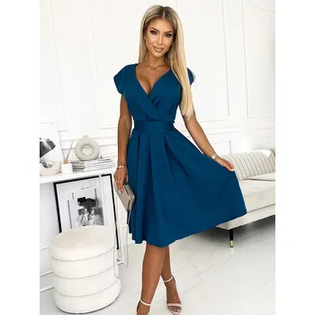 Dámské šaty 348-5 SCARLETT - rozšířené šaty s obálkovým výstřihem - NAVY, VELIKOST M