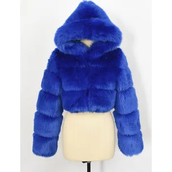 Dámský kožich Krátký kožich chlupatý s kapucí a dlouhým rukávem Barva: Modrá, Velikost: 4XL