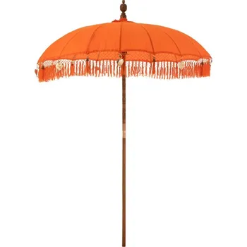 Stínicí technika Oranžový slunečník s třásněmi a dřevěnou tyčí Dayu Wood - ∅ 200*260 cm