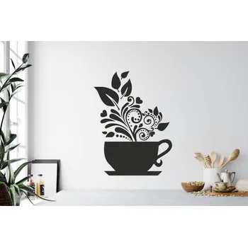 Samolepící dekorace Lepy.cz Samolepka na zeď Šálek - květiny Velikost (šířka x výška): 75x100cm, Barevná varianta: Tyrkysová modrá