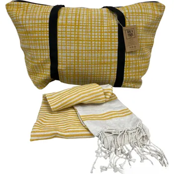 Ručník Stylový set plážové tašky + osušky HAMAM 75x150 cm, okrově žlutý, 100% organická bavlna