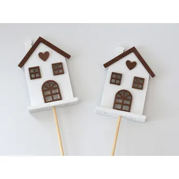 Zápich dřevěné dekorace - DOMEK bílo-hnědý