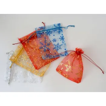 Dárková taška Vánoční pytlík organza s vločkami 9 x 12 cm MODRÝ