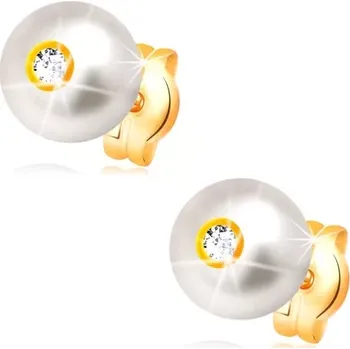 Náušnice Zlaté 14K náušnice - smetanově bílá perla s blýskavým čirým zirkonem, 6 mm