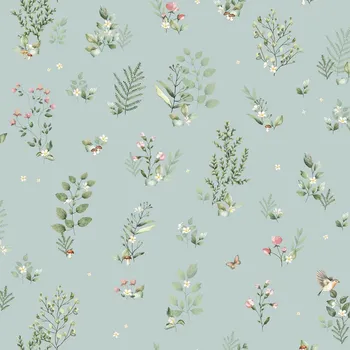 Tapeta ICH Wallcoverings Tyrkysová vliesová tapeta s rostlinami a ptáčky, 973-2, Mika, ICH Wallcoverings, velikost 10,05 x 0,53 m