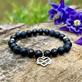 Náramek Minerální náramek onyx, láva - ŠARM (stříbro Ag925) (Náramek z minerálu onyxu a lávového kamene)