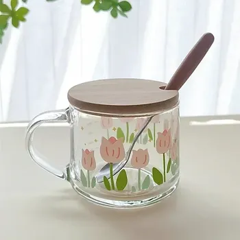 Skleněný hrnek s brčkem a květinovým potiskem, 350 ml - A3,350 ml