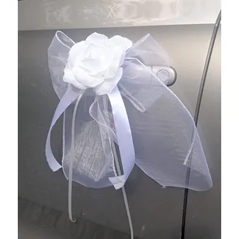 Svatební dekorace Mašlička dekorační bílá s LUX růžičkou - 2ks - bílá