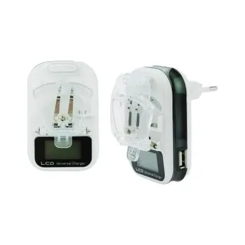 Cestovní nabíječka Baterií universál M-LIFE s LCD + USB výstup, barva bílá