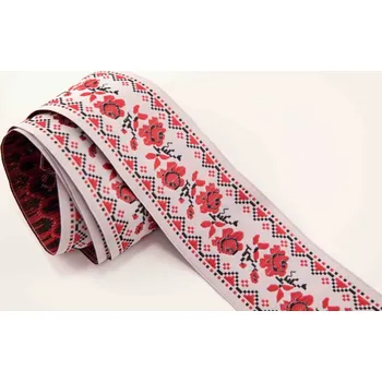 Stuha Krojová stuha - bílá s červenými růžičkami a zoubkovým okrajem - šíře 5 cm