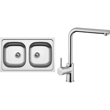 Nerezový dřez Set Sinks N92 (dřez Classic 800 DUO 0,6 mm, matný + baterie Elka Chrom - lesklý)