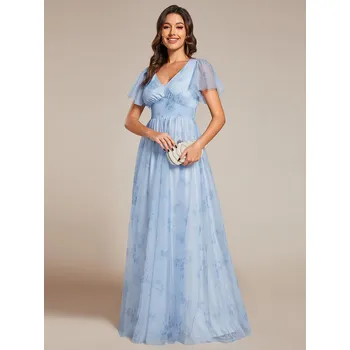 Dámské šaty Elegantní večerní šaty s tylem, květinami a výstřihem do V Barva: Modrá, Velikost: XL