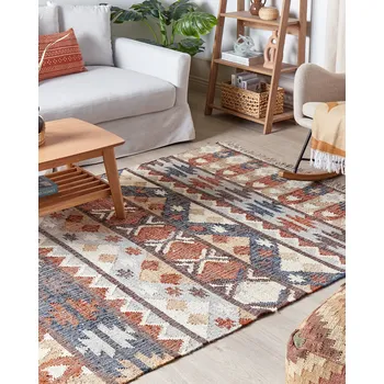 Koberec Koberec vícebarevný jutový 140 x 200 cm obdélníkový s třásněmi a geometrickým vzorem ručně tkaný boho styl obývák ložnice Beliani
