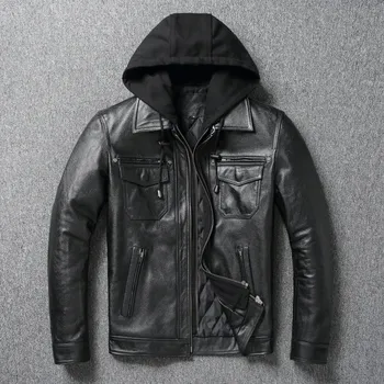 Moto bunda moto bunda z pravé kůže s odnímatelnou kapucí a kapsami - M Barva: Černá, Velikost: M