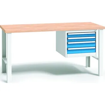 Dílenský stůl B2B Partner Pracovní stůl do dílny WL se závěsným boxem na nářadí, buková spárovka, 4 zásuvky, pevné kovové nohy, 1500 mm