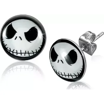 Náušnice Puzetové náušnice - chirurgická ocel, kruhová bílá lebka se zašitými ústy