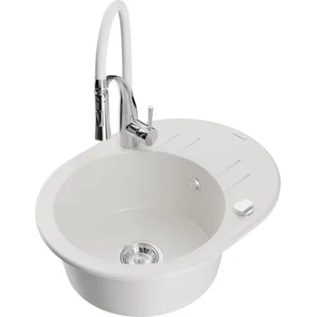 Mexen Kevin 1-miskový granit dřez s odkapem a baterií Aster, bílá 6517-20-73450-02