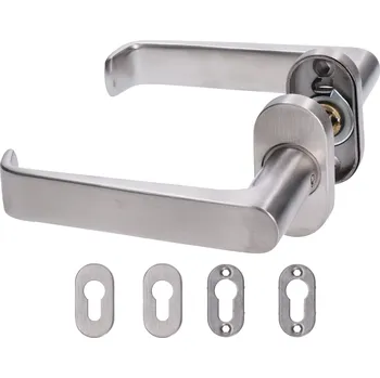 dveřní klika včetně dolní rozety EB1-KOR02 - nerezová klika na dveře, balení: 2 ks klika + 2 ks dolní rozeta, příslušenství k montáži, broušená nerez K320/AISI304, vhodné i do venkovního prostředí