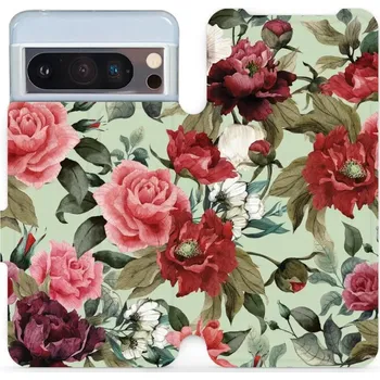 Pouzdro na mobilní telefon Flipové pouzdro Mobiwear - Google Pixel 8 Pro - MD06P Růže a květy na světle zelené (Knížkové flip pouzdro, obal, kryt na mobil Google Pixel 8 Pro - MD06P Růže a květy na světle zelené, materiál Umělá kůže + TPU - ochrana 360°, stojánek, silikonová vaničk
