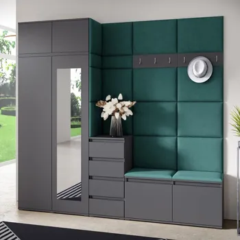 Předsíňová stěna Předsíňová stěna Emi 33 - šedá grafit Barva čalounění: Tmavě zelená - Trinity 28