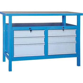 Dílenský stůl B2B Partner Dílenský pracovní stůl GD, smrk + buková překližka, 6 zásuvek, 1190 x 600 x 850 mm, modrá