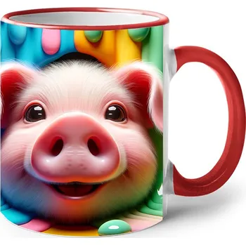 Keramický hrnek s prasátkem, Barva Červená, Velikost 330 ml, Canvas Keramický hrnek s barevným uchem 2608