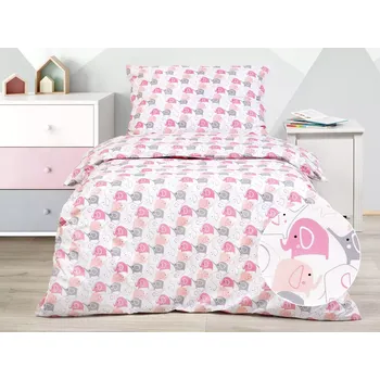 Povlečení Dětské bavlněné povlečení - růžoví a šedí sloníci 140x200+70x90