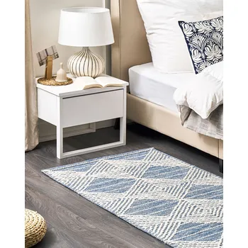 Koberec Koberec světle béžový a modrý 80 x 150 cm vlna a polyester ručně tkaný s geometrickým vzorem boho obývák ložnice Beliani