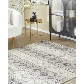 Koberec Koberec světle béžový a šedý 160 x 230 cm vlna bavlna a polyester ručně tkaný s geometrickým vzorem boho obývák ložnice Beliani