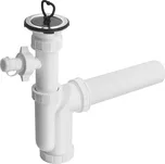 Dřezový sifon s odbočkou, nerez výpust, zátka s uchem, DN50, bílá