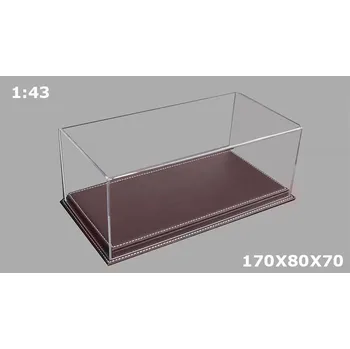 Dárková krabička Vitrínková krabička na modely 1:43 Čirý Kryt a vysoká Podlážka s tm. hnědou kůže Ručně Vyráběná Akrylová Vitrína + Podlážka z kůží - Box na modely 1/43 - 170x80x70