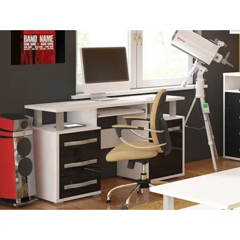 Psací stůl PC stůl LEHUA 1D3S, bílá/černý lesk, 5 let záruka + vyzvednutí ZDARMA