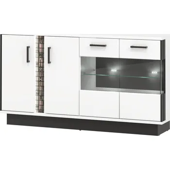 Komoda Prosklená komoda SIGOURNEY 4D, bílá/černá/bílá vysoký lesk + vyzvednutí ZDARMA