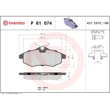 Brzdová destička Sada brzdových destiček, kotoučová brzda BREMBO P 61 074