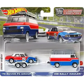 Rover P6 Group 2 #62 1970 + HW Rally Hauler sada 1:64 - Hot Wheels Sada: '70 Rover p6 Group 2 N62 + HW Rallye Hauler s přivěsem - model auta 1/64