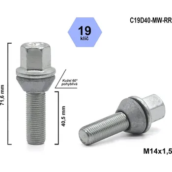 Šroubek na kolo Kolový šroub M14x1,5x40,5 kužel pohyblivý, klíč 19, C19D40-MW-RR, výška 71,6 mm
