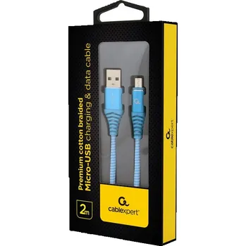 Počítač GEMBIRD CC-USB2B-AMmBM-2M-VW Premium cotton braided Micro-USB charging and data cable 2m blue/white