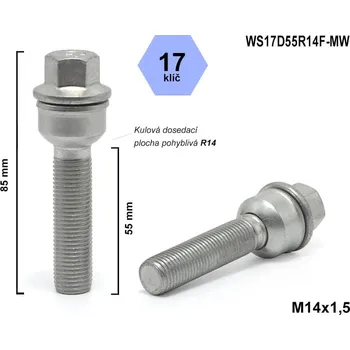 Auto-moto Kolový šroub M14x1,5x55 koule R14 pohyblivá, klíč 17, WS17D55R14F-MW, výška 85 mm