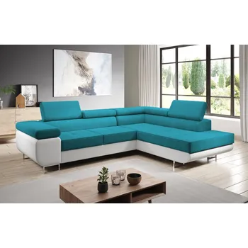 Sedací souprava Rohová rozkládací sedačka SINGER L, pravá, tyrkysová/bílá +možnost VÝNOSU + vyzvednutí ZDARMA