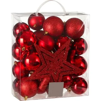 Vánoční dekorace LAALU Vánoční ozdoby - sada ozdob a špička, červené, 40 ks