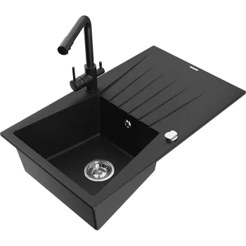 Granitový dřez Mexen Cesar granitový dřez 1-komorový s odkapávačem a kuchyňskou baterií Duero, černý - 6514-77-671600-70 Granitové dřezy s baterií