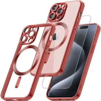 Pouzdro na mobilní telefon Sada tvrzené sklo + silikonový průhledný kryt Magsafe s ochranou fotoaparátu pro iPhone 13 Barva: Červená