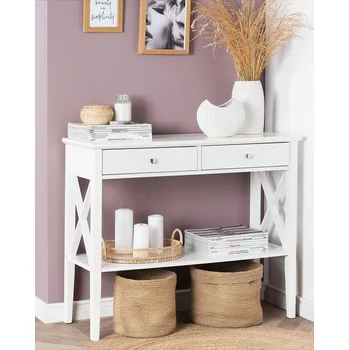 Obývací pokoj Konzolový stolek bílý MDF 100 x 35 cm 2 zásuvky police skandinávský styl retro design predsíň chodba Beliani