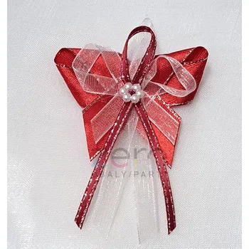 Svatební dekorace Vonička (vývazek) svatební - červeno-stříbrná s pruhy a perlovým květem