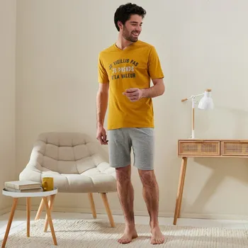 Dámské pyžamo Blancheporte Pyžamo se šortkami a krátkými 		rukávy, s potiskem sloganu medová/šedá 77/86 (S)